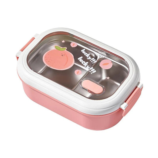 Pink stainless steel bento box with a peach print lid