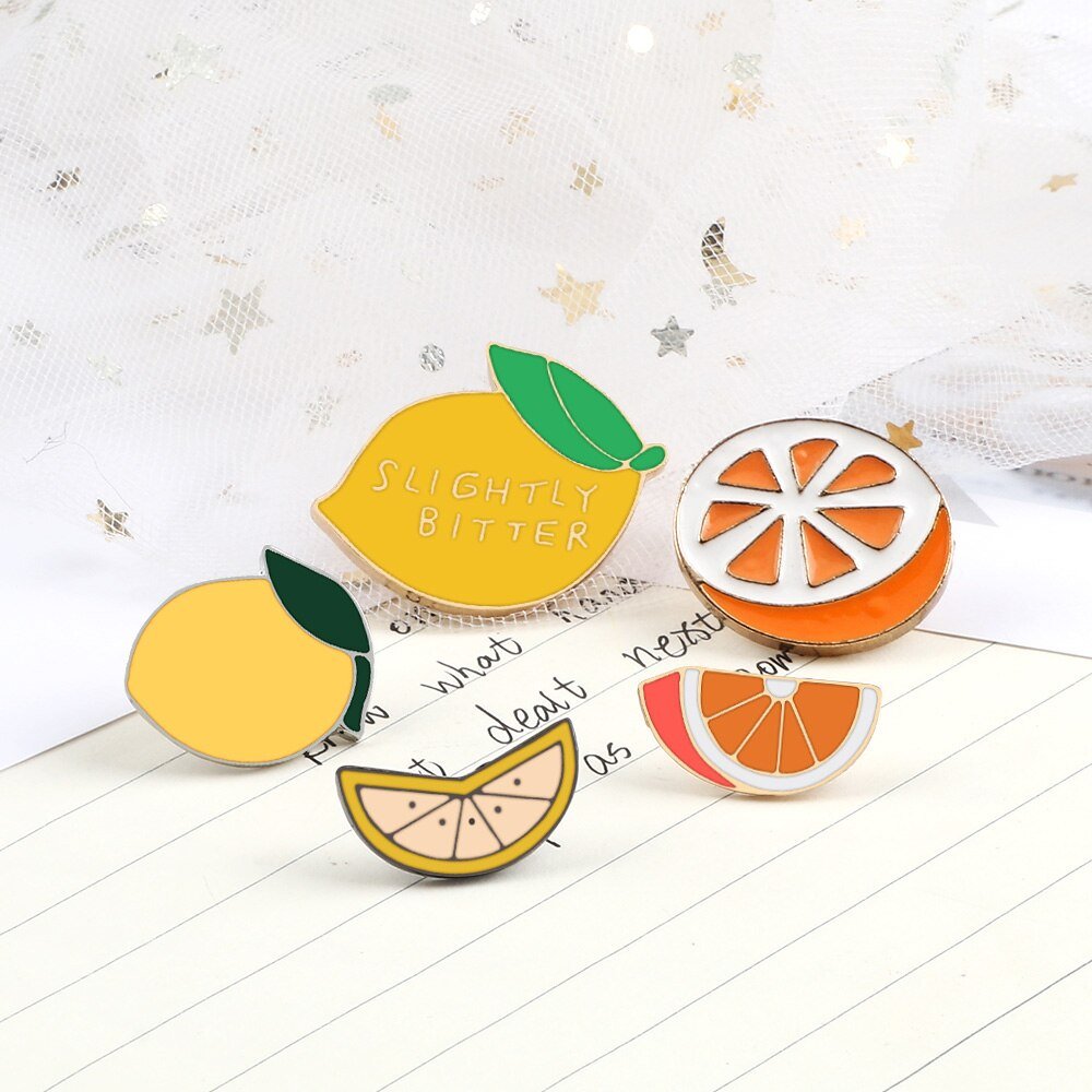 Lemon and Orange Enamel Pins - Fresh Fruit Brooch Badges - Clothing Pin - Scribble Snacks