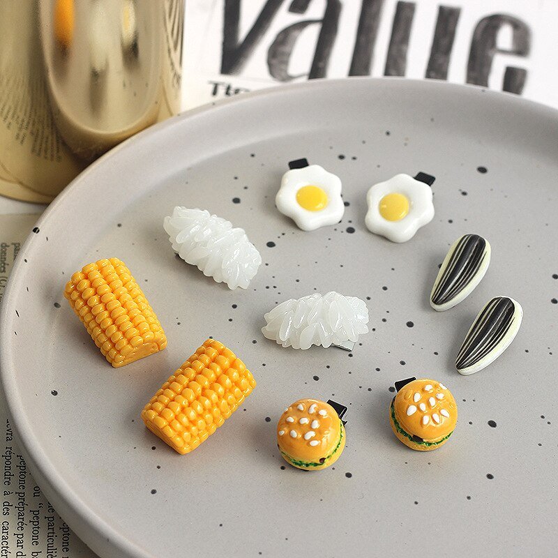 Mini Food-Inspired Hairpin: Rice, Egg, Corn - Hair Clip - Scribble Snacks