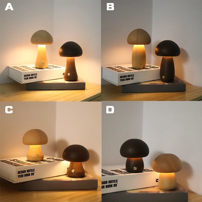 Mushroom LED Night Light, Touch Switch Wooden Bedside Table Lamp - Lamp / Lighting - Scribble Snacks