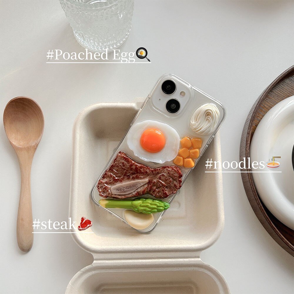 Poached Egg Elegance - Korea Cute 3D Poached Egg Steak Noodles Phone Case for iPhone 13/12 & More - iPhone Cases - Scribble Snacks