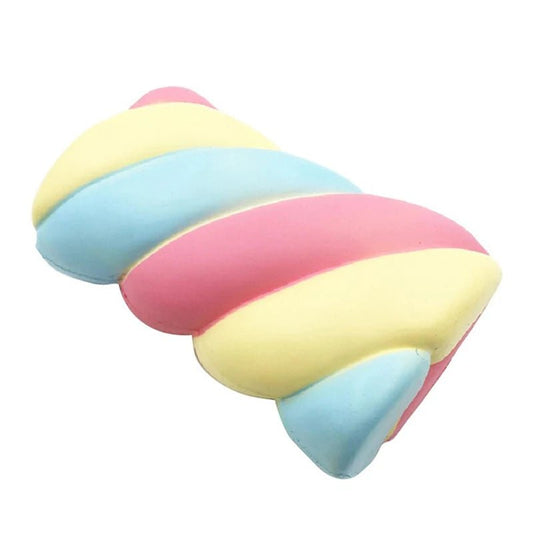 Pastel pink, blue and yellow marshmallow squishy lying on its side