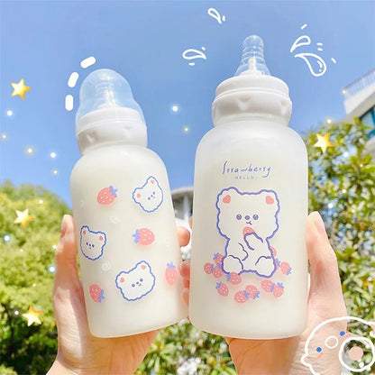 Strawberry Bear Glass Water Bottle - Water Bottles - Scribble Snacks