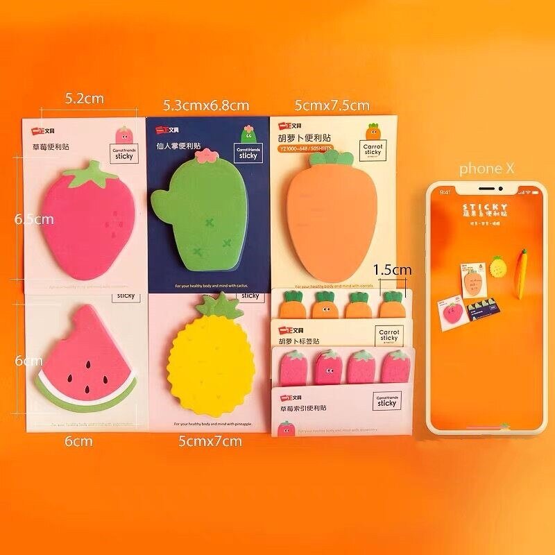 Veggie Stickies - Carrot and Strawberry Sticky Notes - 50 Sheets - Sticky Notes / Memo Pads - Scribble Snacks