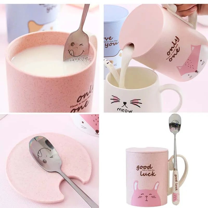 Wheat Animal Cartoon Mug with Spoon - Mugs - Scribble Snacks